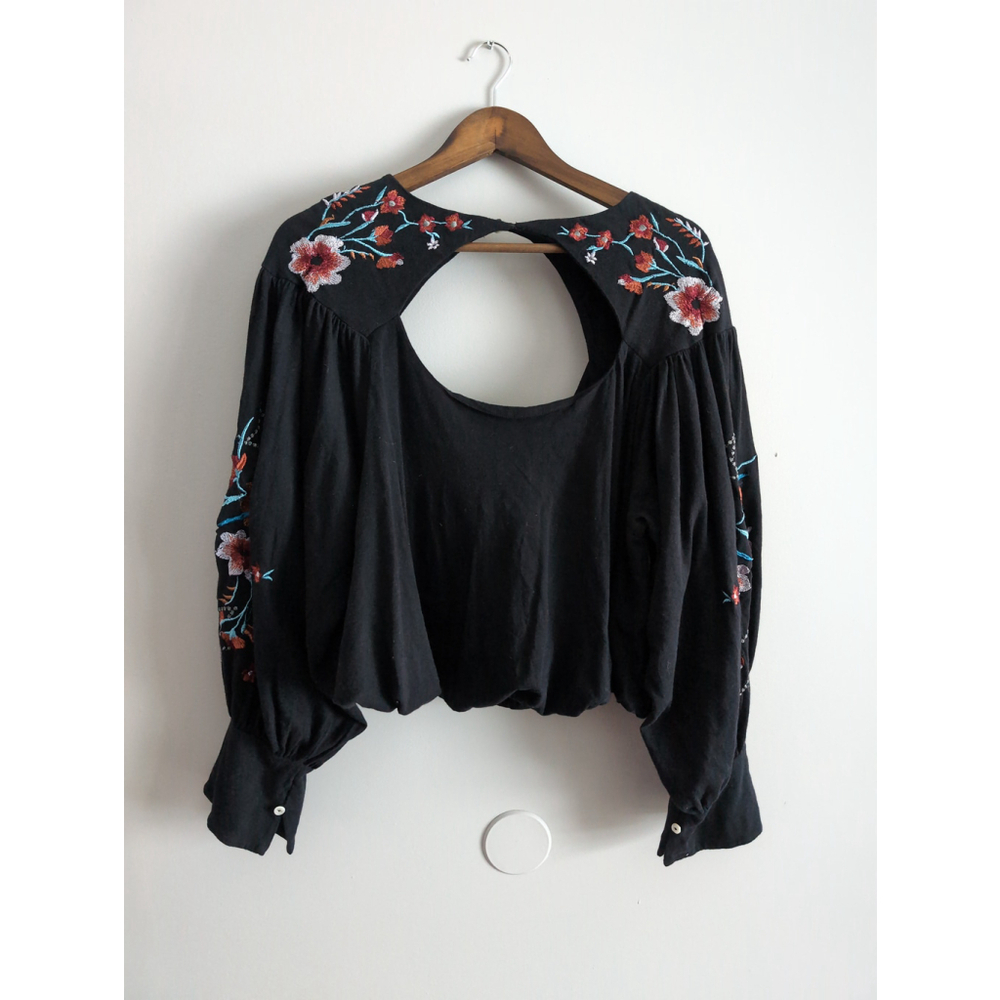 Free People Embroider Cutout Bishop Sleeveless Oversized Black Top Women Sz M/L
